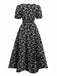 Black 1940s V-Neck Puff Ditsy Floral Dress