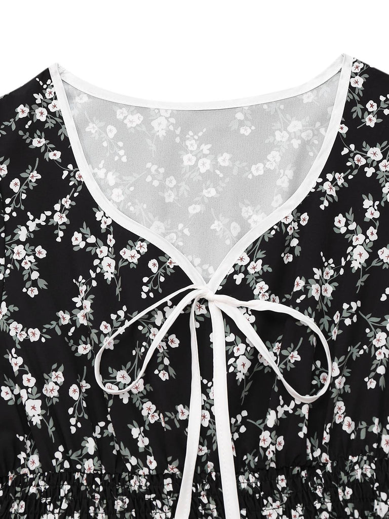 Black 1940s V-Neck Puff Ditsy Floral Dress