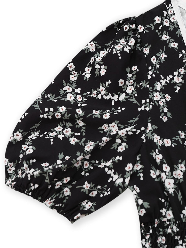 Black 1940s V-Neck Puff Ditsy Floral Dress
