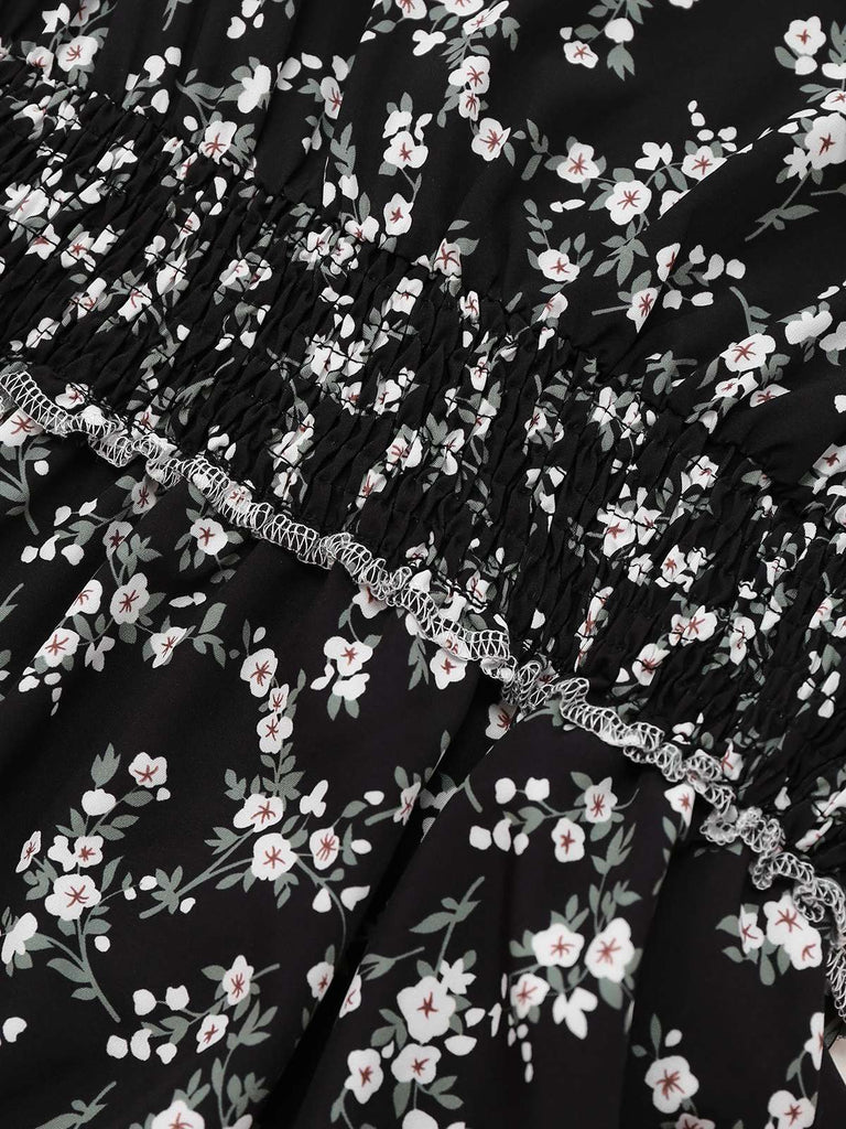 Black 1940s V-Neck Puff Ditsy Floral Dress
