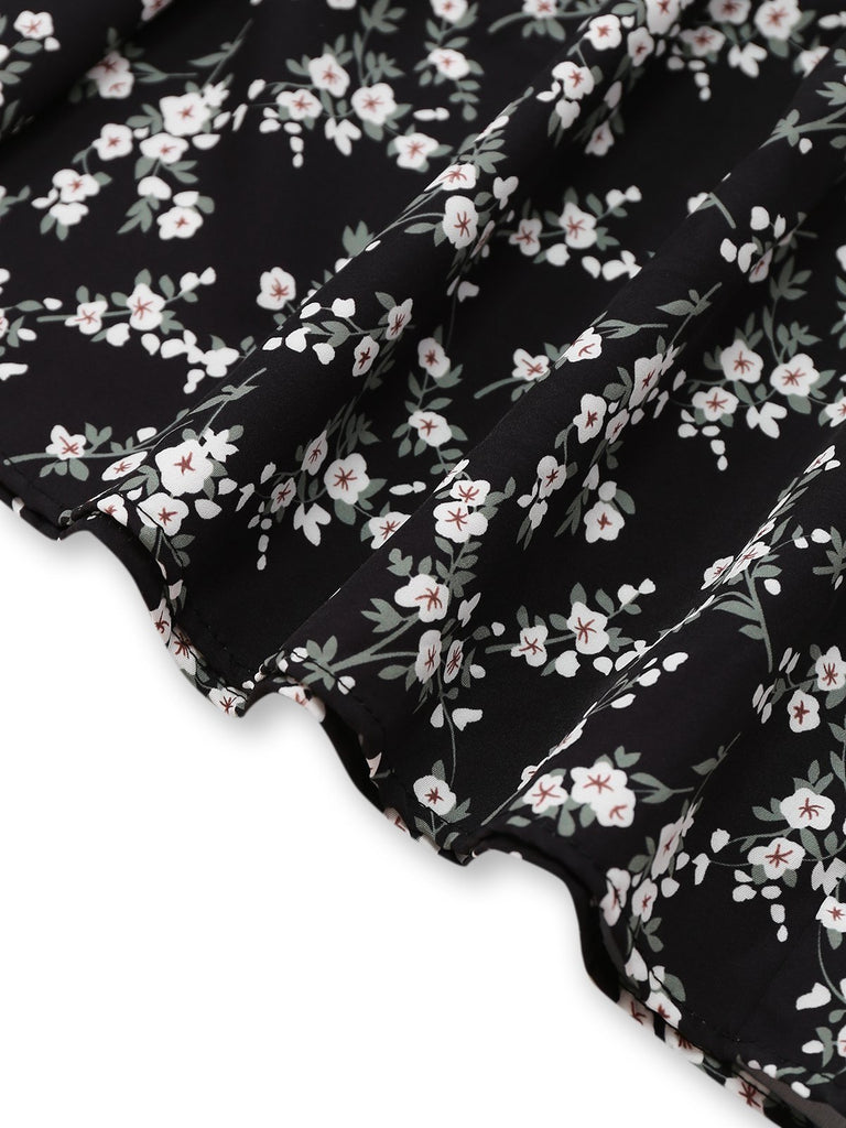 Black 1940s V-Neck Puff Ditsy Floral Dress