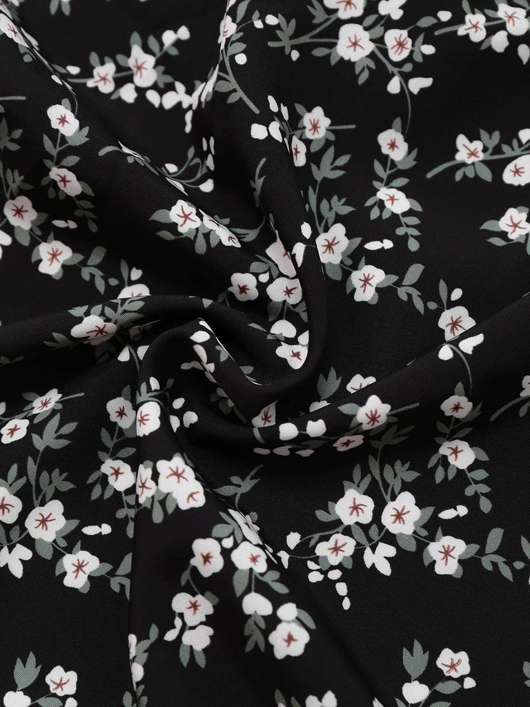 Black 1940s V-Neck Puff Ditsy Floral Dress