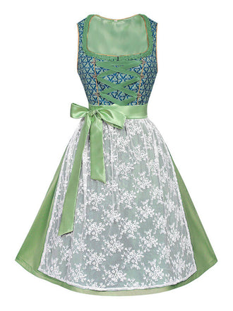 2PCS Green 1950s Floral Patchwork Dress & Embroidered Apron