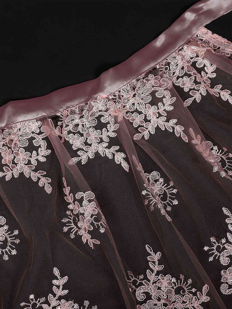 3PCS Pink 1950s Lace Top & Embroidered Ribbon Dress