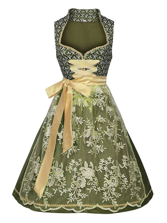 2PCS Green 1950s Ribbon Floral Dress & Embroidered Apron