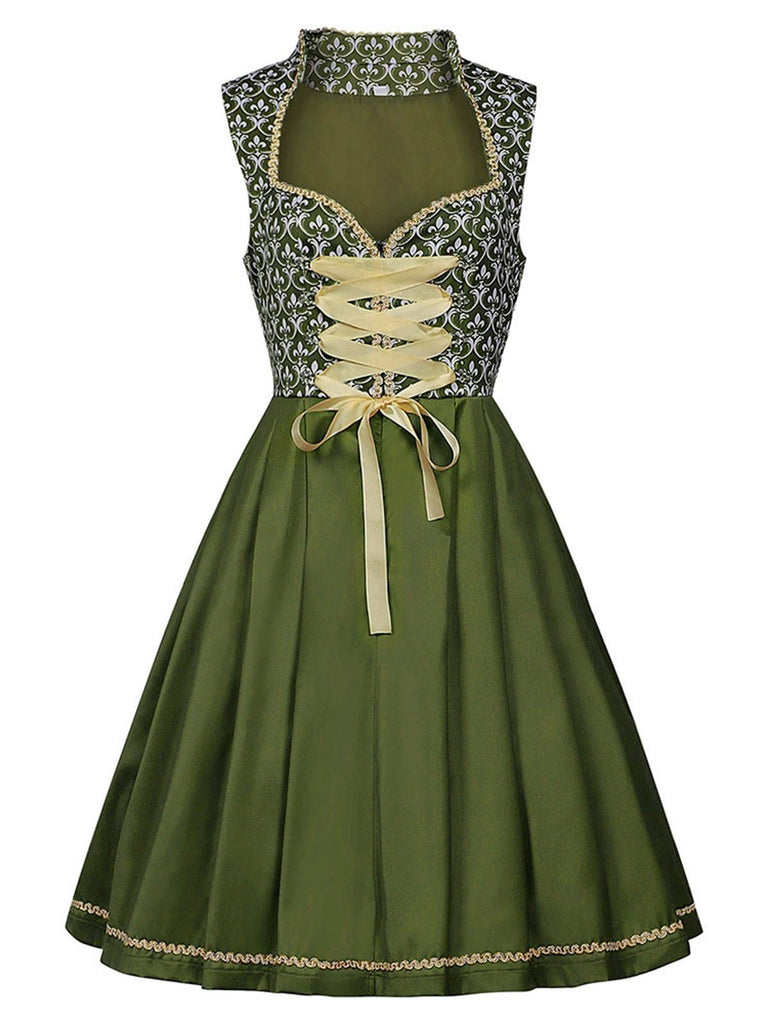 2PCS Green 1950s Ribbon Floral Dress & Embroidered Apron