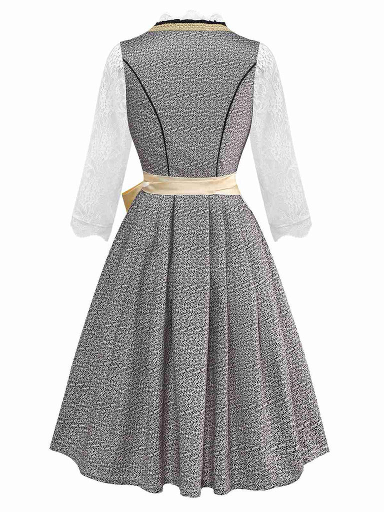 3PCS Gold 1950s Lace Top & Square Neck Floral Dress