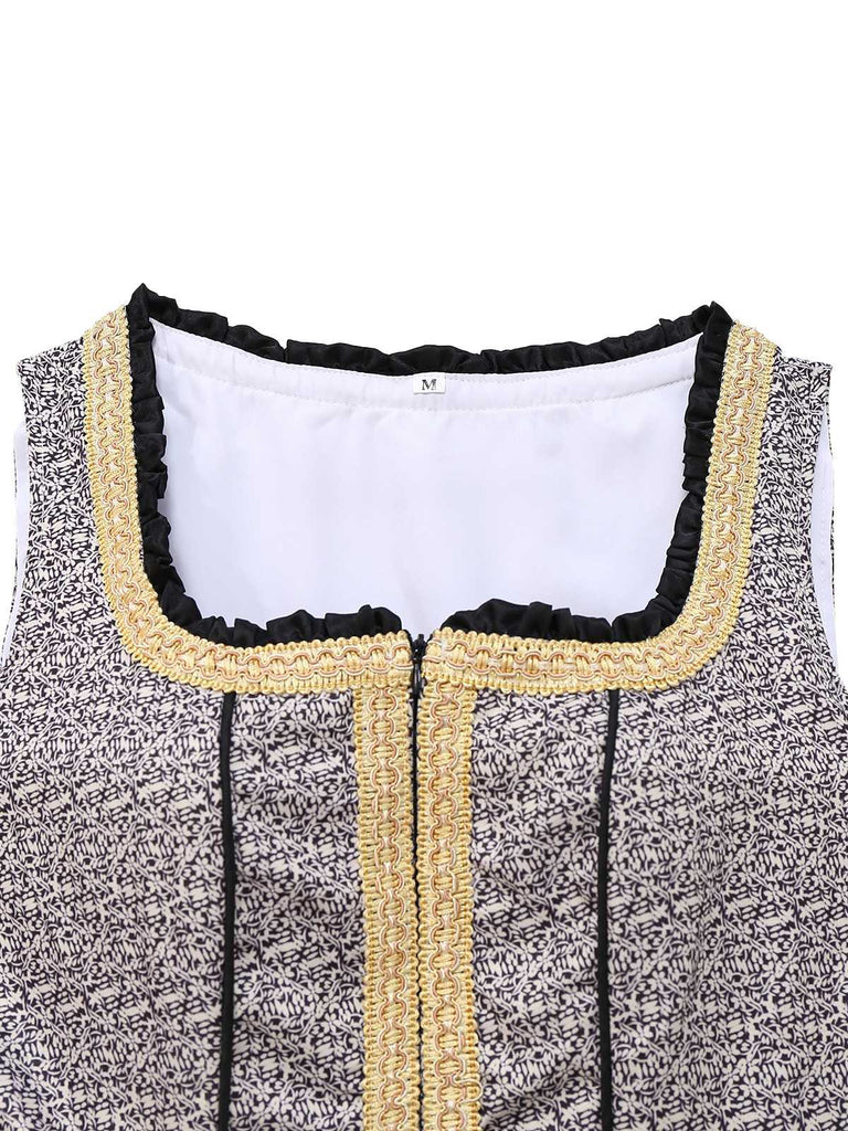 3PCS Gold 1950s Lace Top & Square Neck Floral Dress