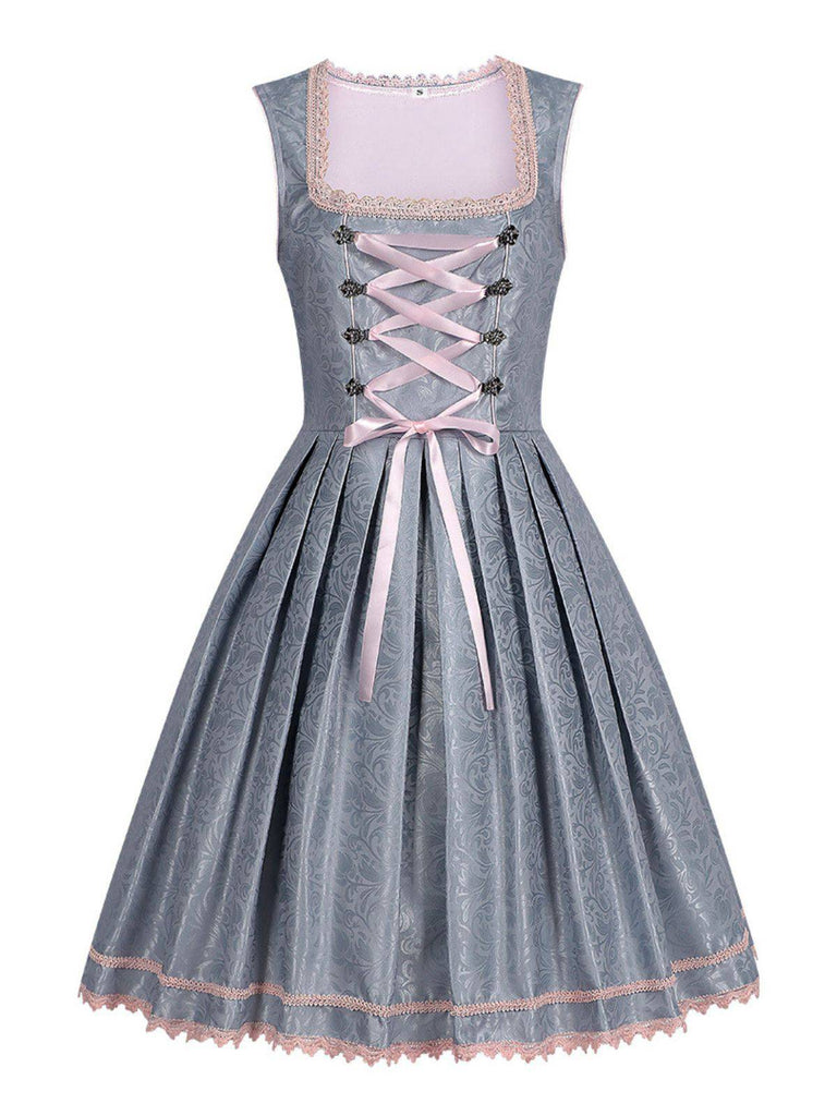 2PCS Blue Grey 1950s Floral Dress & Mesh Embroidered Apron