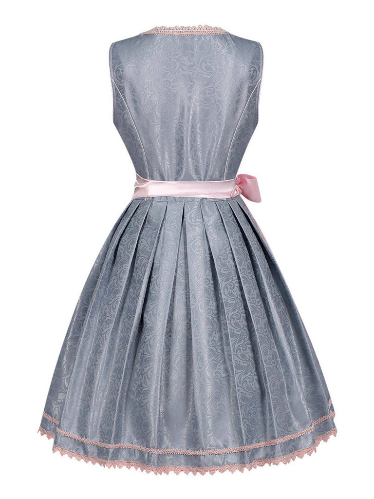 2PCS Blue Grey 1950s Floral Dress & Mesh Embroidered Apron