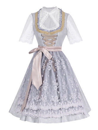 3PCS Gray 1950s Ethnic Floral Lace Top & Lace-Up Dress