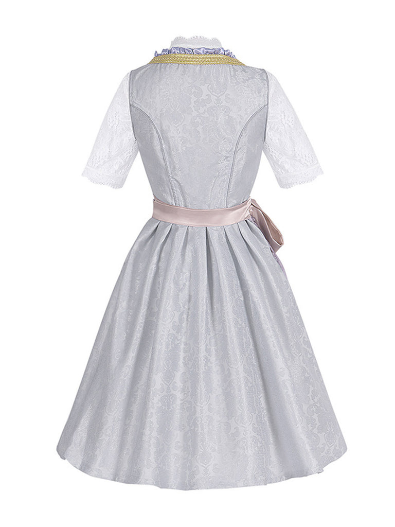 3PCS Gray 1950s Ethnic Floral Lace Top & Lace-Up Dress