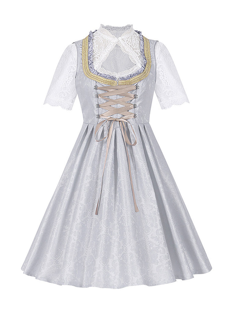 3PCS Gray 1950s Ethnic Floral Lace Top & Lace-Up Dress