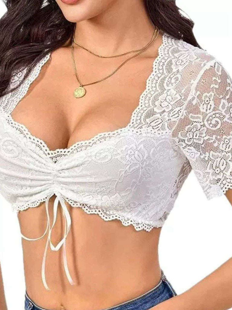 White 1950s Lace Patchwork Tie Crop Top
