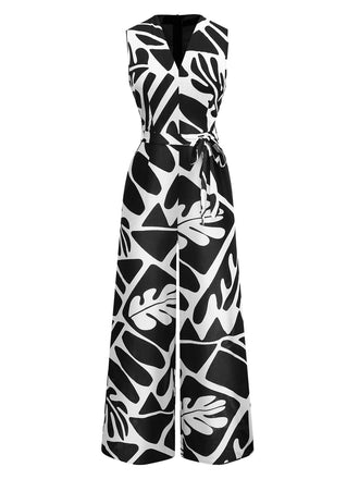 Black & White 1950s Plants Silhouette Belted Jumpsuit