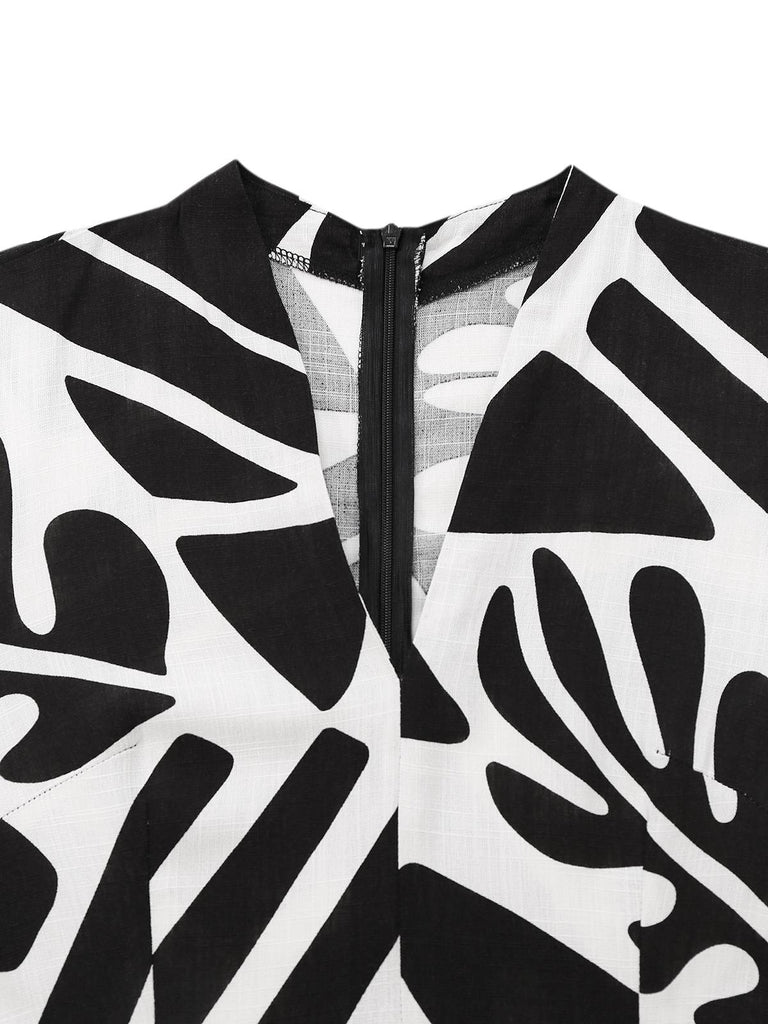 Black & White 1950s Plants Silhouette Belted Jumpsuit