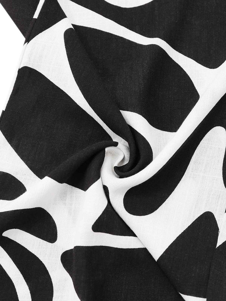Black & White 1950s Plants Silhouette Belted Jumpsuit