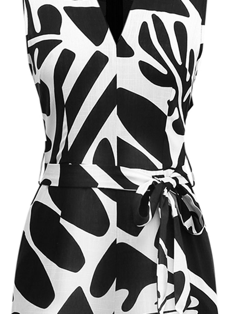 Black & White 1950s Plants Silhouette Belted Jumpsuit