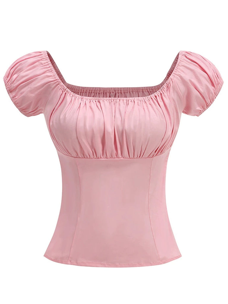 1950s Solid Square Neck Ruched Top