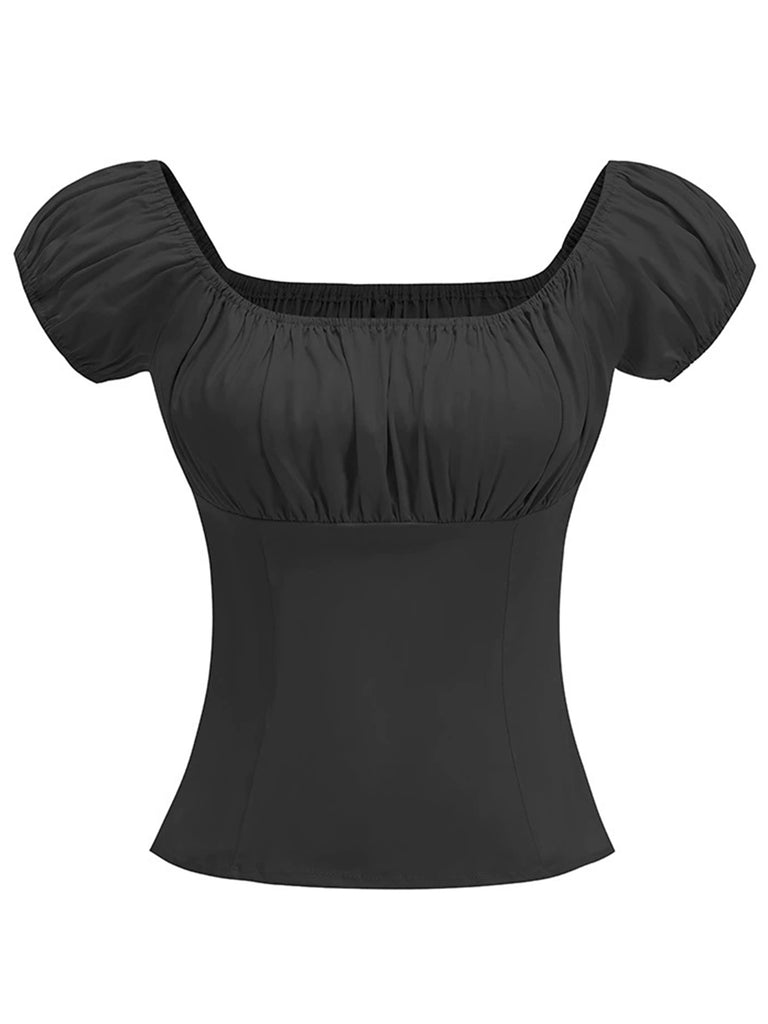 1950s Solid Square Neck Ruched Top