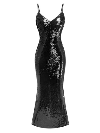 Black 1930s Spaghetti Strap Tie Back Sequined Dress