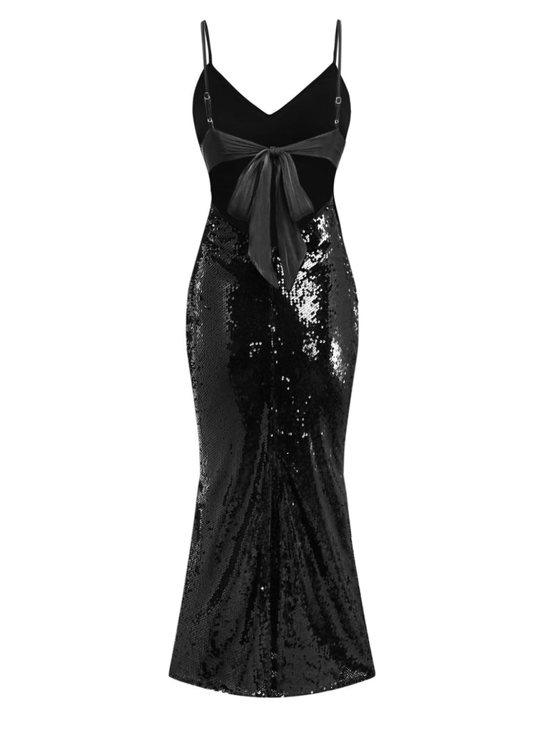 Black 1930s Spaghetti Strap Tie Back Sequined Dress