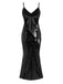 Black 1930s Spaghetti Strap Tie Back Sequined Dress
