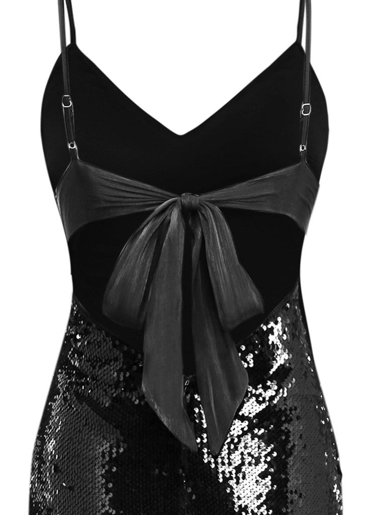 Black 1930s Spaghetti Strap Tie Back Sequined Dress