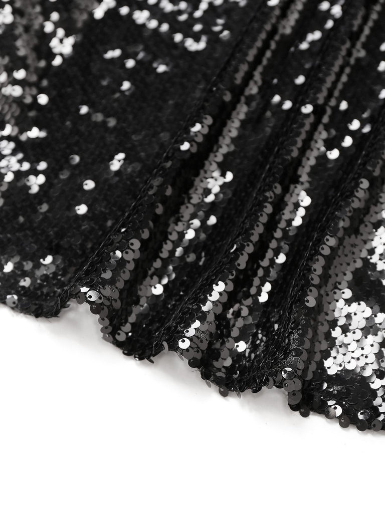 Black 1930s Spaghetti Strap Tie Back Sequined Dress