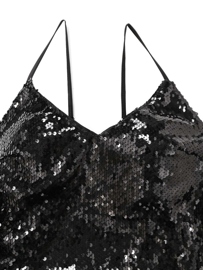 Black 1930s Spaghetti Strap Tie Back Sequined Dress