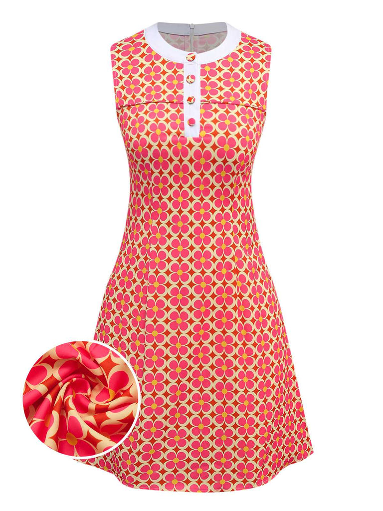 Orange 1960s Hippie Floral Round Neck Dress