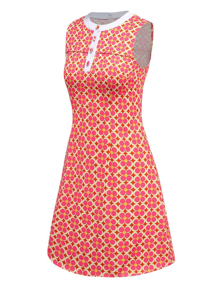 Orange 1960s Hippie Floral Round Neck Dress