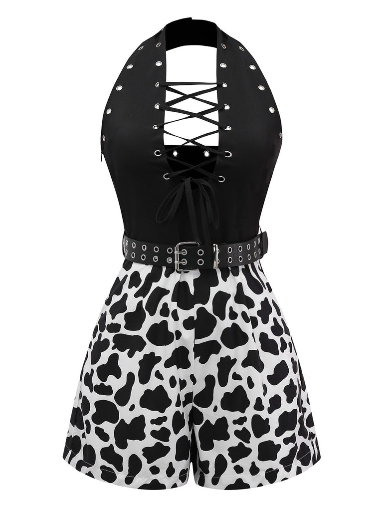 [Pre-Sale] Black 1980s Punk Halter Hollow Cow Pattern Romper