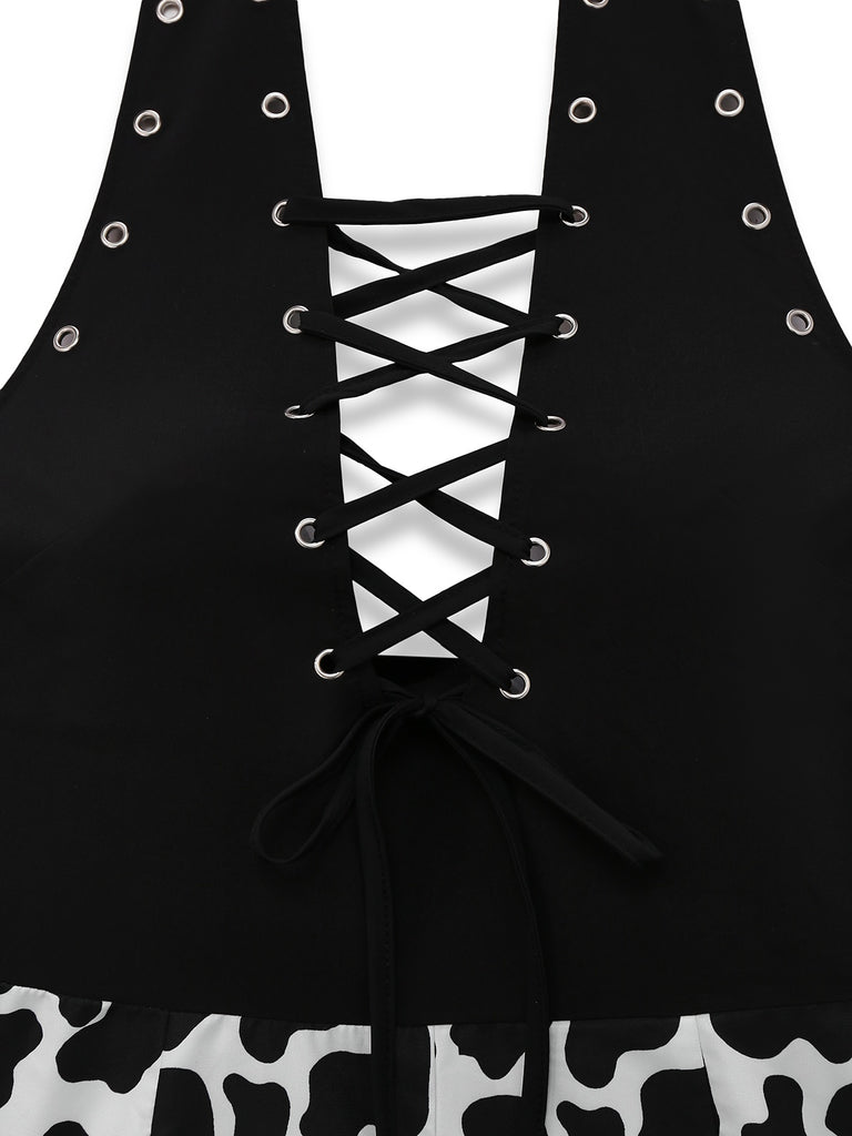 [Pre-Sale] Black 1980s Punk Halter Hollow Cow Pattern Romper
