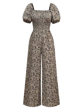 Brown 1930s Ditsy Floral Puff Sleeve Jumpsuit