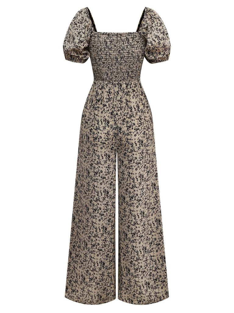 Brown 1930s Ditsy Floral Puff Sleeve Jumpsuit