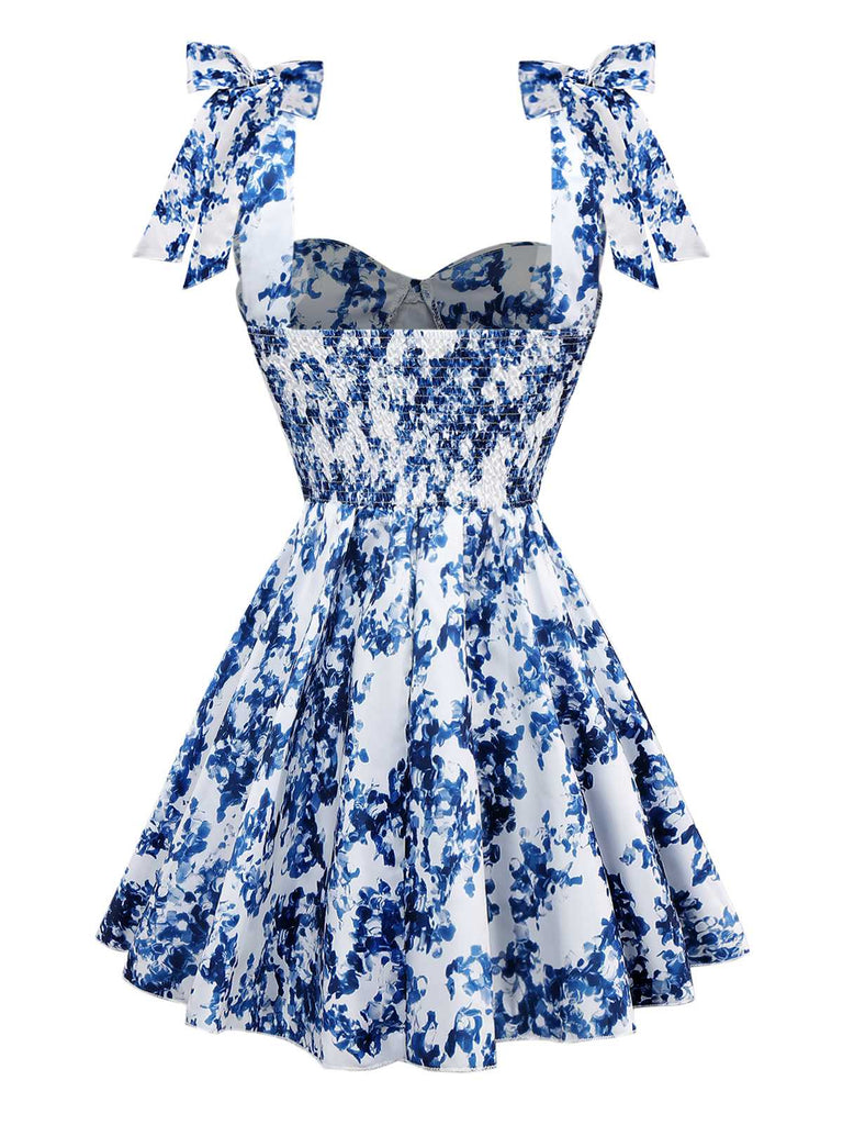Blue 1960s Shoulder Tie Floral Skater Dress