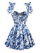 Blue 1960s Shoulder Tie Floral Skater Dress