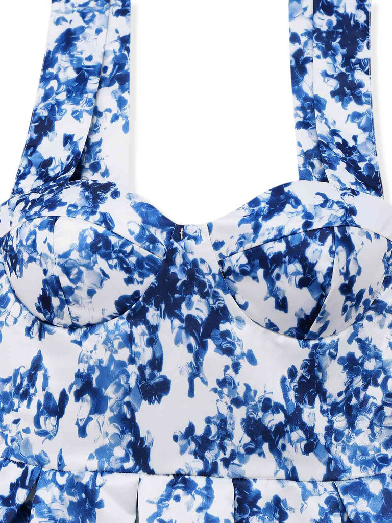 Blue 1960s Shoulder Tie Floral Skater Dress
