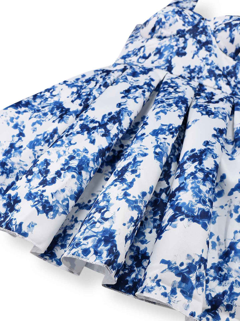 Blue 1960s Shoulder Tie Floral Skater Dress
