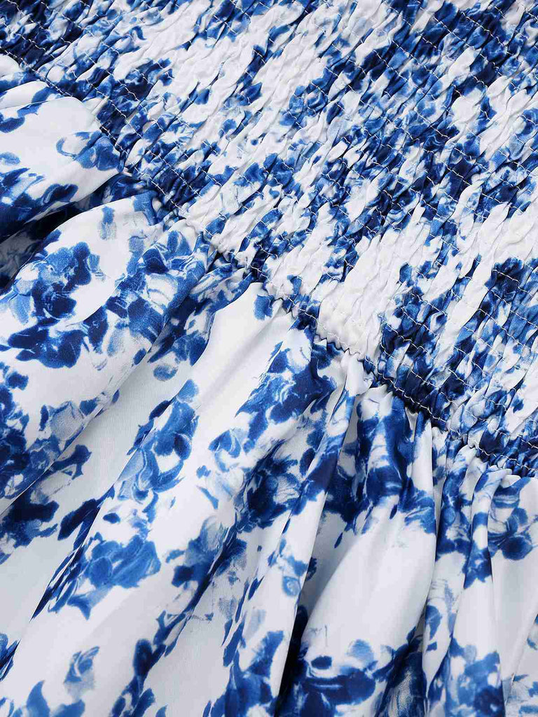 Blue 1960s Shoulder Tie Floral Skater Dress