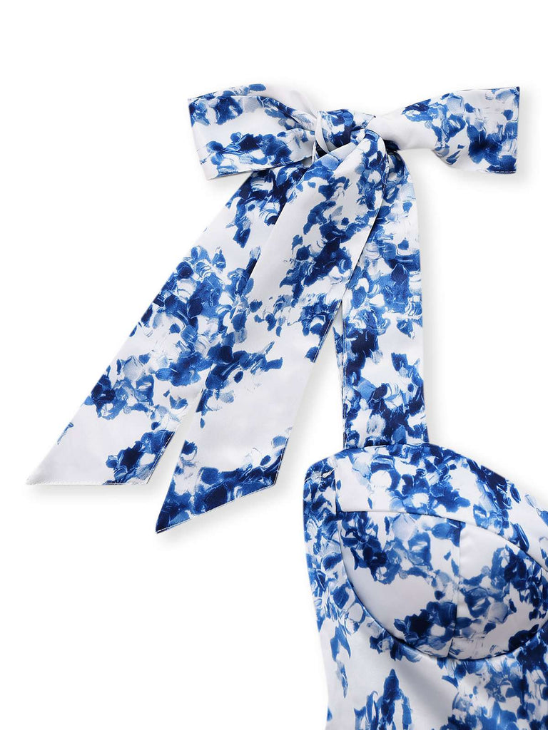 Blue 1960s Shoulder Tie Floral Skater Dress