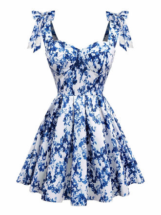 Blue 1960s Shoulder Tie Floral Skater Dress