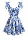 Blue 1960s Shoulder Tie Floral Skater Dress