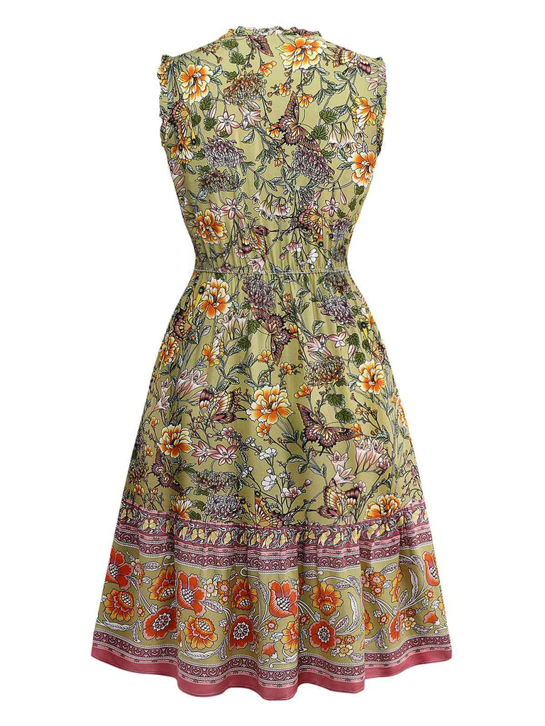 Green 1970s Boho Style Butterfly Floral Dress