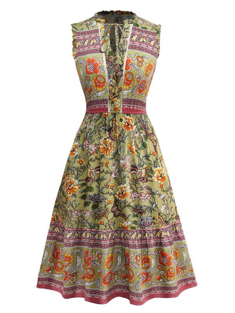 Green 1970s Boho Style Butterfly Floral Dress