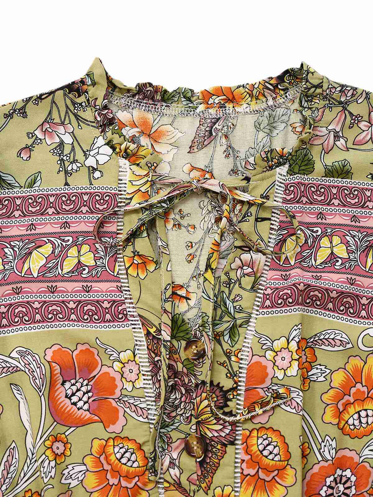Green 1970s Boho Style Butterfly Floral Dress