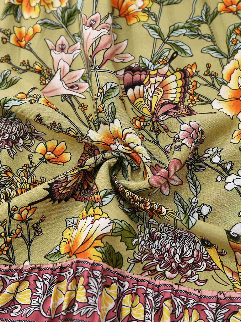 Green 1970s Boho Style Butterfly Floral Dress