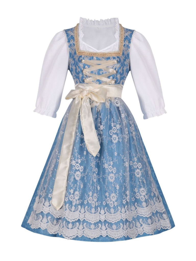 3PCS Blue 1950s Ethnic Floral Ruffled Top & Lace-Up Dress