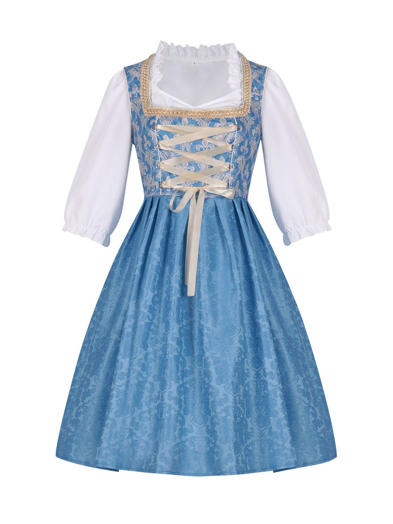 3PCS Blue 1950s Ethnic Floral Ruffled Top & Lace-Up Dress